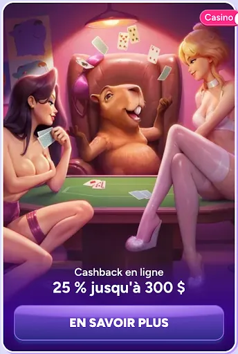 Partie de cartes animée avec mascotte et deux femmes dans un décor de casino
