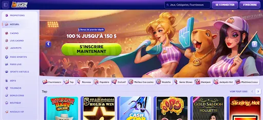 Bannière promotionnelle SpinBara avec offre de bienvenue de 100 % jusqu'à 150 $ et 3 personnages en tenue de supporter dans un stade animé
