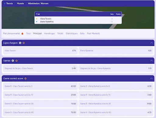 Interface des paris de tennis pour le match Wimbledon Women entre Clara Tauson et Elena Rybakina avec options de mise sur le vainqueur, le 9e jeu et le score correct
