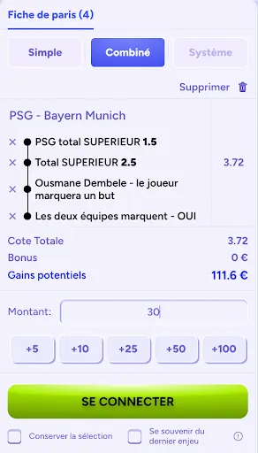 Ticket de pari combiné avec 4 sélections pour le match PSG vs Bayern Munich, mise de 30 €, gains potentiels de 111,6 €