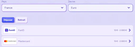 Méthodes de dépôt pour la France en euro, incluant FunID et Mastercard