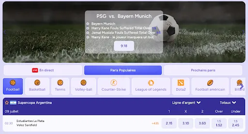 Interface de paris sportifs montrant le match PSG vs. Bayern Munich avec cotes et options de paris populaires