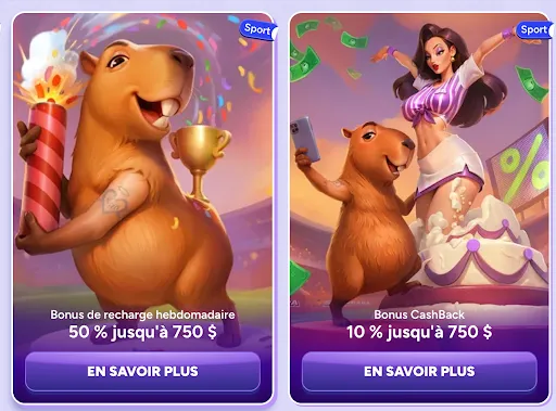 Mascottes sportives célébrant les bonus hebdomadaires et cashback avec trophée et billets