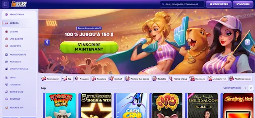 Page d’accueil de SpinBara avec mascotte, bonus de bienvenue de 150 $ et catégories de jeux en ligne