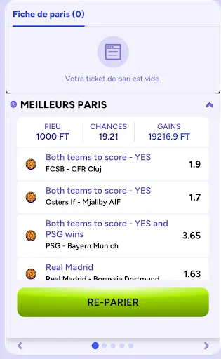 Meilleurs paris affichés dans un ticket vide avec mise de 1000 FT et gains potentiels de 19216.9 FT
