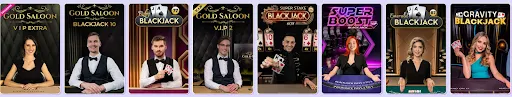 Live-blackjack-pelivalikoima: Gold Saloon, Ruby, Super Stake, Super Boost, Emerald ja Gravity Blackjack eri jakajilla