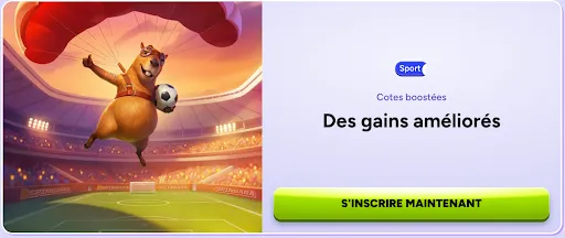 Mascotte de SpinBara descendant en parachute avec un ballon de football dans un stade lumineux